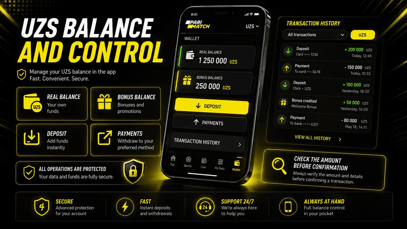 UZS balance and transaction control in the Parimatch app