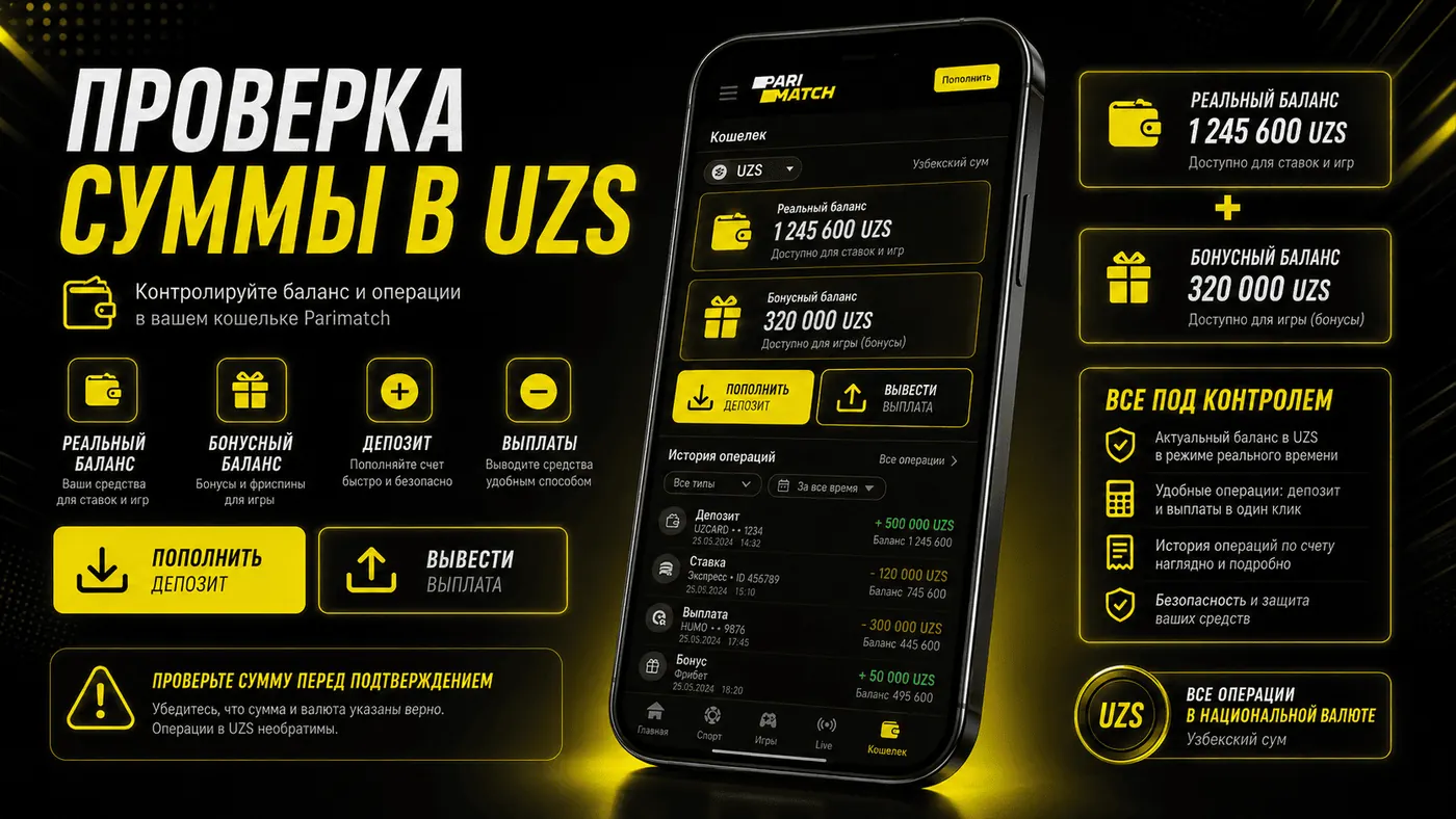 Проверка суммы в UZS в мобильном кошельке Parimatch