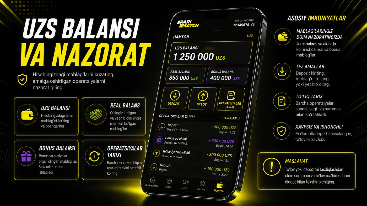 Parimatch ilovasida UZS balansi va operatsiyalar nazorati