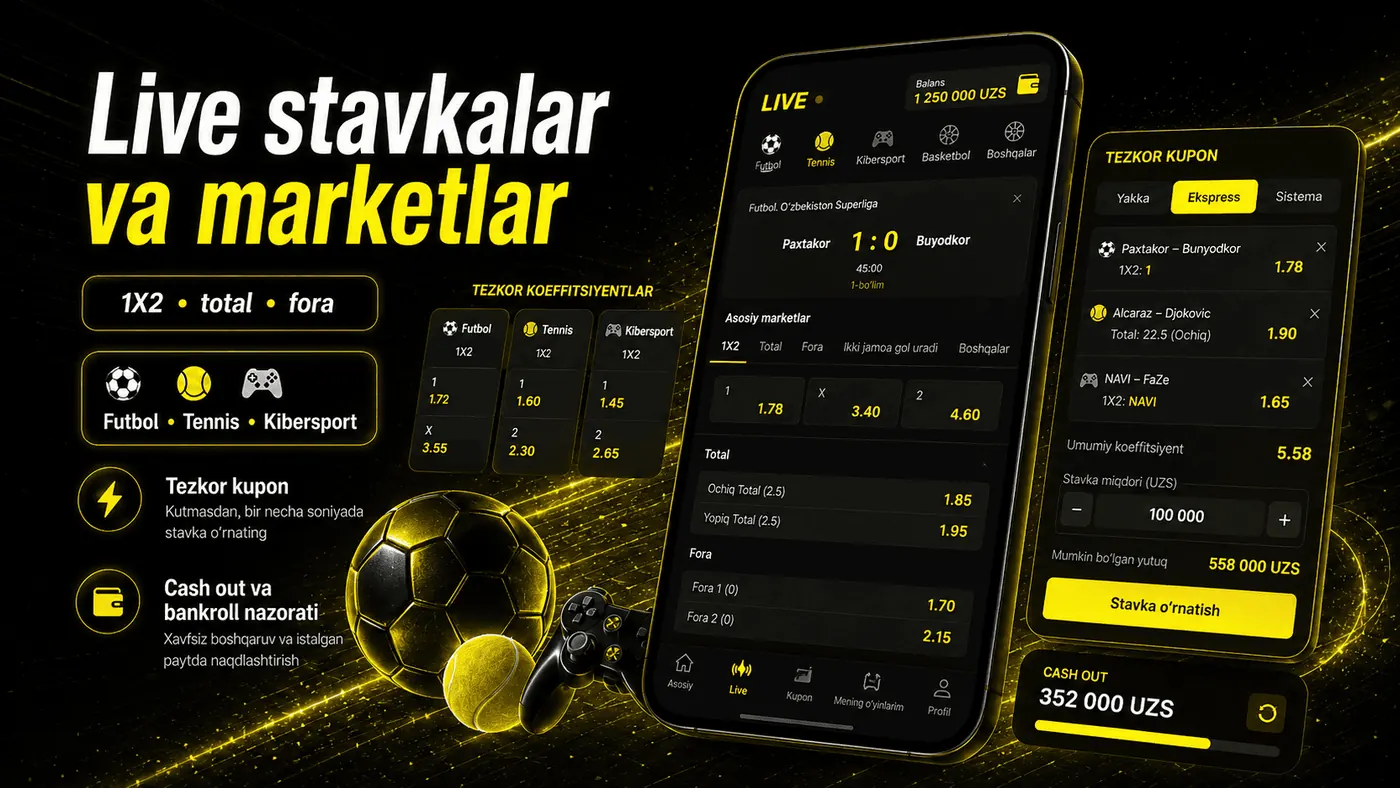Live stavkalar va marketlar, tezkor kupon va cash out Parimatch Uzbekistan